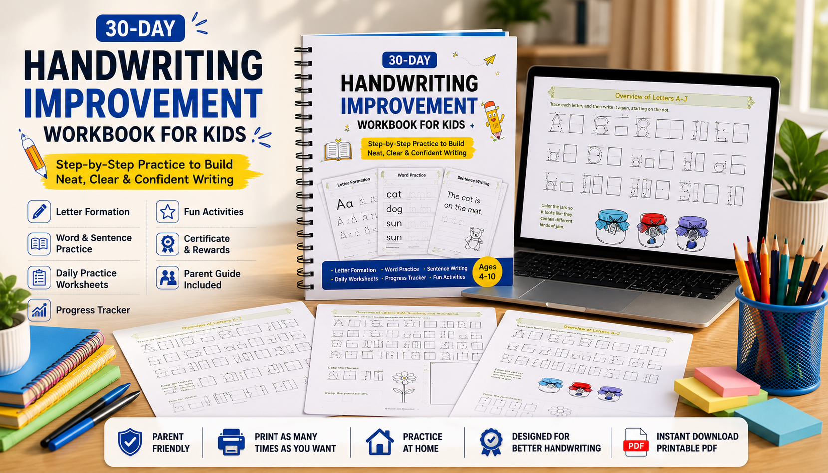30-Day Handwriting Workbook Mockup on Tablet and Print